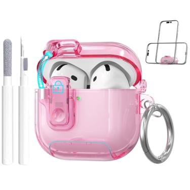 Imagem de Capa transparente para Apple AirPods 4 2024 com trava de segurança, capa de TPU macio com suporte de telefone e kit de limpeza, chaveiro fofo para mulheres e meninas, rosa claro