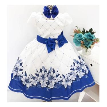 Imagem de Vestido De Festa Infantil Floral Azul Royal Florista Casamento E Tiara