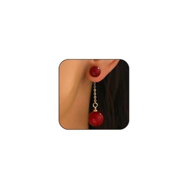 Imagem de Brincos femininos vintage com pingente de pérola vermelha Y2k com corrente de ouro simples, brincos pendurados para festa de formatura, presente de dia dos namorados, One Size, Metal, Sem pedra