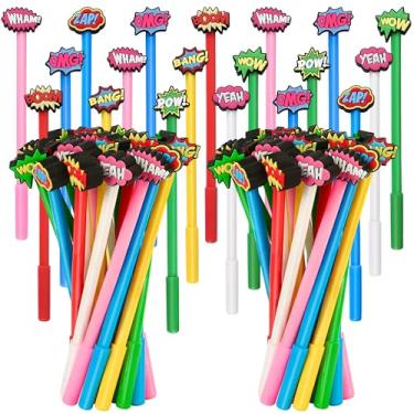 Imagem de LiYiQ 50 canetas de desenho animado de heróis fofas para crianças, Kawaii Hero Boom Wow Pow Conversation, caneta de tinta preta de gel, canetas fofas para escola, escritório, casa, estudante, presente