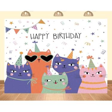 Imagem de PEKRU Pano de fundo de tecido de 2,1 x 1,5 m de aniversário, tema de gato, desenho animado, festa de aniversário, para meninos e meninas, adereços para fotografia de animais de estimação