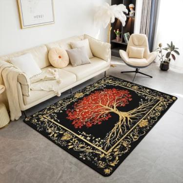 Imagem de Tapete de área de árvore vermelha 1,5 m x 1,5 m exótico boho retrô árvore da vida interior tapete para crianças adolescentes adultos vintage flor espiral plantas grade tapete antiderrapante para sofá