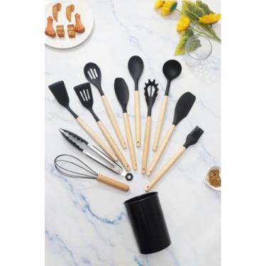 Imagem de kit 12 peças utensílios de cozinha silicone Copo Suporte Jogo de Cozinha kit 5 utensílios s/copo(KIT 12 PRETO C/COPO)