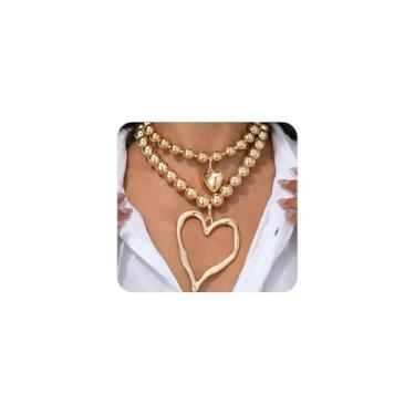 Imagem de ZZ ZINFANDEL Conjunto de colar de coração com contas em camadas douradas para mulheres, vintage, grosso, contas grandes, coração, gargantilha exagerada, Y2k, colar de amor, joias de dia dos namorados