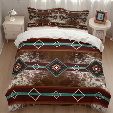 Imagem de Lnepty Conjunto de edredom de couro bovino ocidental, rústico, pele de vaca, campo, fazenda, marrom, macio, para decoração de quarto, cama de solteiro, 218 cm x 178 cm