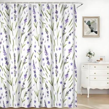 Imagem de TTQYFNM Cortina de chuveiro floral roxa primavera lavanda flores silvestres folhas verdes cortina de banho para banheiro decoração de banheira tecido lavável à prova d'água conjunto de cortinas de