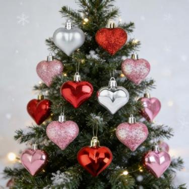 Imagem de 18 peças de enfeite de coração para pendurar no dia dos namorados, fosco brilhante, brilhante, fosco, vermelho, rosa, plástico para decoração em formato de coração para aniversário, árvore de Natal