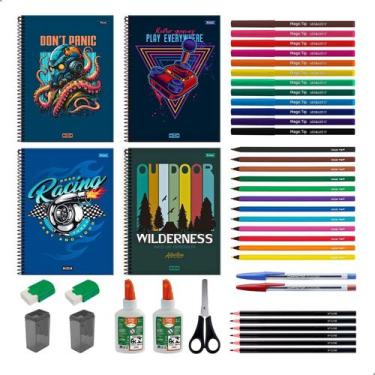 Imagem de Kit Material Escolar 40 Itens Caderno 10 Materias Infantil Juvenil Ens