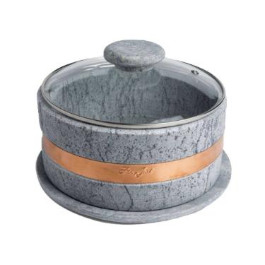 Imagem de Boleira de Pedra Sabão Cobre Tampa Vidro Bolo Torta 22x14cm
