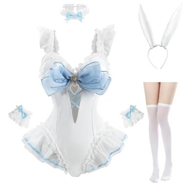 Imagem de CR ROLECOS Fantasia de coelhinho para mulheres, body com babados, renda, coelhinho, cosplay, menina, lingerie, roupa de Halloween, G