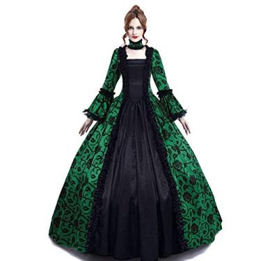 Imagem de Vestido medieval rainha vitoriana gótico renda manga sino vestido de baile renascentista fantasia fantasia fantasia de vampiro real (69-verde, M)