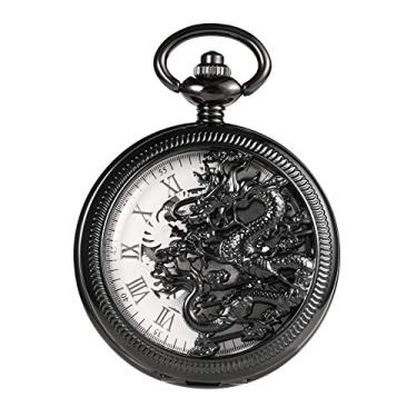 Imagem de TREEWETO Relógio de bolso masculino antigo esqueleto mecânico preto dragão oco caçador com corrente e caixa