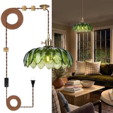 Imagem de CLARSYNE Luminária pendente de vidro de flor verde vintage, luminária de teto suspensa para ilha de cozinha, quarto, sala de jantar, sala de estar, iluminação de plugue