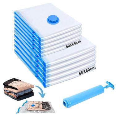 Imagem de AUXOM Kit 10 Sacos a Vácuo com Bomba Manual, Organizador de Viagem Reutilizável com Zíper Reforçado, Vac Bag Economize 80% de Espaço para Mala Roupas Viagem Cobertores Guarda(50x60cm e 60x80cm)
