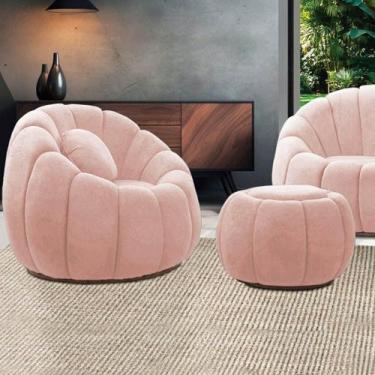 Imagem de Poltrona E Puff Decorativo Orgânico Fixo Cloud Bouclê Rosê E03 - D'ros