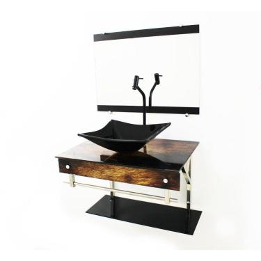 Imagem de Gabinete De Vidro 60Cm Inox Cuba Quadrada - Madeira Rústica