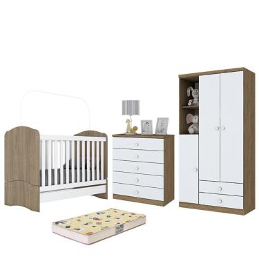 Imagem de Dormitório Bala De Menta Com Guarda Roupa, Cômoda, Berço Rústico-branco E Colchão - Móveis Henn