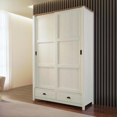 Imagem de Guarda-roupa 2 Portas de Correr 100% Madeira Maciça Topázio Branco/Freijó