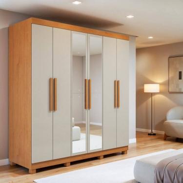 Imagem de Guarda Roupa Casal 6 Portas 2 Gavetas com Espelho e Pés Andara Soft Amêndoa Clean/Off White