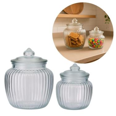 Imagem de Conjunto 2 Potes Baleiro Vidro Canelado Tampa Hermética