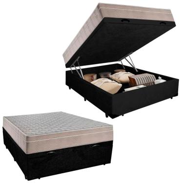 Imagem de Cama Box Baú Casal Iso Dupla Face com Colchão Molas Ensacadas Suede 138x188x65cm Preto SerenePrime