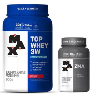Imagem de Kit Top Whey 3W - 900g - Morango + ZMA 90 cáps - Max Titanium