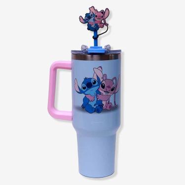 Imagem de Copo Térmico Tumbler Stitch e Angel Disney para Bebidas em Aço Inoxidável e Plástico com Parede Dupla Rosa