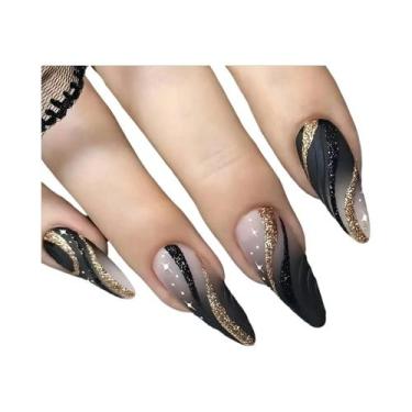 Imagem de Unhas Postiças Acrílicas Curtas Quadradas Pretas Brilhantes Com Gradie