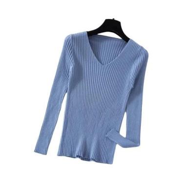Imagem de Suéter Feminino De Tricô Gola V Manga Longa Para Outono Inverno - Blus