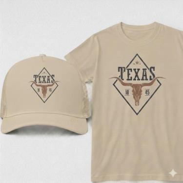 Imagem de Kit Country Camiseta + Bone Texas 100% Algodão P ao G3 Plus Size Mascu