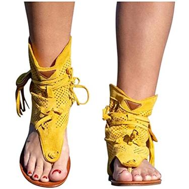 Imagem de Chinelo sandálias com franjas tanga sapatos femininos de camurça borlas femininas retrô casual com borla sandálias gladiadora dedo com clipe vintage botas 2021 verão (41, amarelo)