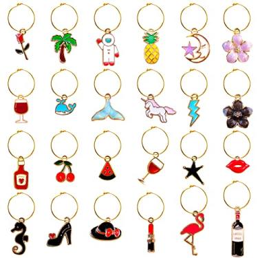 Imagem de 24 peças de pingentes e marcadores de vidro – Identificador de taças de vinho, etiquetas para Natal, Ação de Graças, Páscoa, decorações de festa de aniversário, Zinco, gotas de óleo