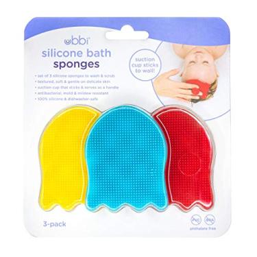 Imagem de Ubbi Esponjas de banho de silicone para bebês de água-viva, essenciais para banho de bebês e cuidados para recém-nascidos, escovas de banho de bebê para pele seca e touca de berço, conjunto de 3