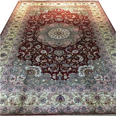 Imagem de Tapete quadrado com design oriental de seda artesanal de 1,5 m x 2,4 m para restaurantes e salas de arte