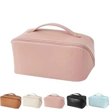 Imagem de Bolsa de cosméticos de viagem de grande capacidade 2022 bolsas de maquiagem de viagem de camada dupla multifuncional à prova d'água portátil bolsa de cosméticos com alça divisor para