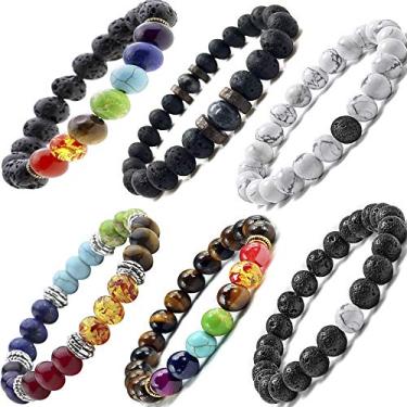 Imagem de Pulseiras de pedra vulcânica preta 7 Chakra, 6 peças, mistura de pedras preciosas naturais de 8 mm Yinyang com contas elásticas e difusor de óleo para ioga, pulseiras de miçangas para