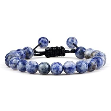 Imagem de Pulseiras ajustáveis para casais 8 mm contas preto branco trança macramê amantes pulseira para mulheres homens joias à distância - ponto branco azul, Cristal