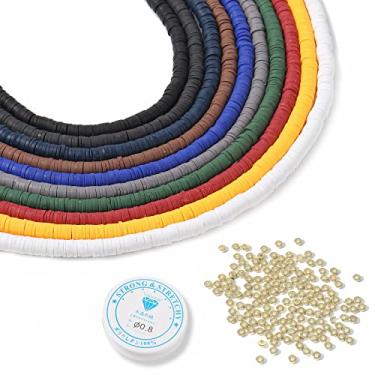 Imagem de PACGOTH 10 fios de contas de argila de 6 mm, polímero, redondo, plano, 3500 peças, kit de contas de disco Heishi com 200 peças de contas espaçadoras douradas e cordão elástico para