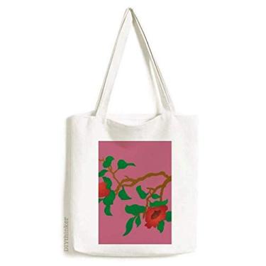 Imagem de Bolsa sacola de lona com estampa de flor e cultura verde vermelha