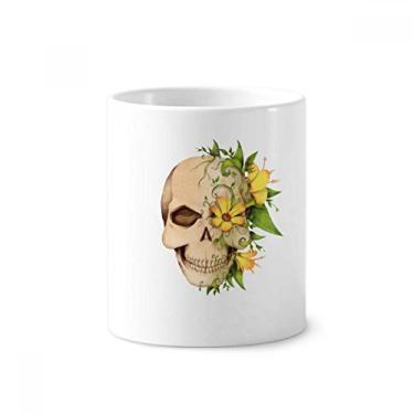 Imagem de Suporte de caneta com ilustração de esqueleto de flor e escova de dentes com suporte de cerâmica