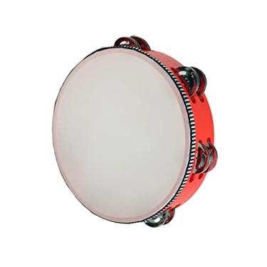 Imagem de Colaxi Tambor de mão, instrumento musical de pandeiro de tinir de fileiras, pandeiros de madeira, de metal, percussão para jogos, concerto, 8 polegadas vermelho
