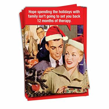 Imagem de 12 meses de terapia – 12 cartões retrô de Feliz Natal com envelopes (4,63 x 6,75 polegadas) – Engraçado Amor Família Natal – Conjunto de artigos de papelaria de festa C7135XSG-B12x1