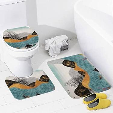 Imagem de Conjunto de tapetes de banheiro 3 peças modernos da floresta da selva, tapete de banheiro lavável antiderrapante, tapete de contorno e tampa para banheiro