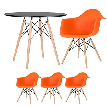 Imagem de Mesa redonda Eames 90 cm preto + 3 cadeiras Eiffel Daw laranja