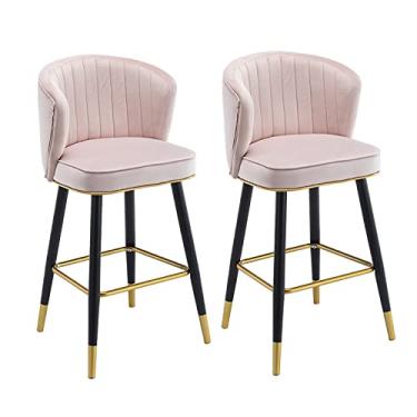 Imagem de Cadeiras de jantar cadeiras de sala de jantar elegantes bancos de bar conjunto de 2, cadeiras de balcão de cozinha de veludo para café da manhã, cadeiras de bar bancos altos com pernas de metal e apoio para os pés para ilha de cozinha, altura do assento 55/65 cm