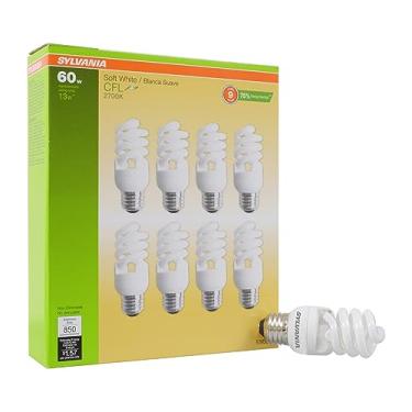 Imagem de Lâmpada giratória Sylvania CFL T2, equivalente a 60 W, eficiente 13 W, 850 lúmens, base média, 2700 K, branco macio - pacote com 8 (26363)