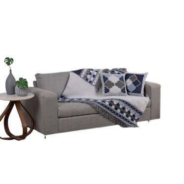 Imagem de Kit Xale Sofá C/Almofada Cheia Jacquard 5Pçs Dupla Face Azul