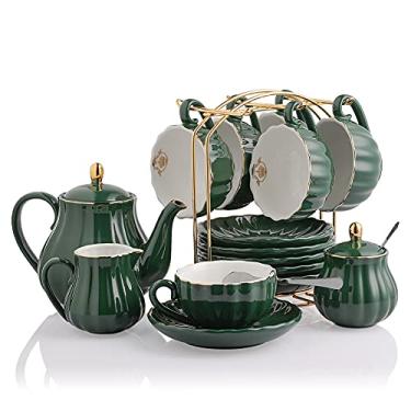 Imagem de Jogo de chá de porcelana série British Royal, xícaras de 236 ml e pires para 6, com bule, açucareiro, leiteira, colheres de chá e infusor, adequado para chá da tarde, casamento, festa, verde-jade