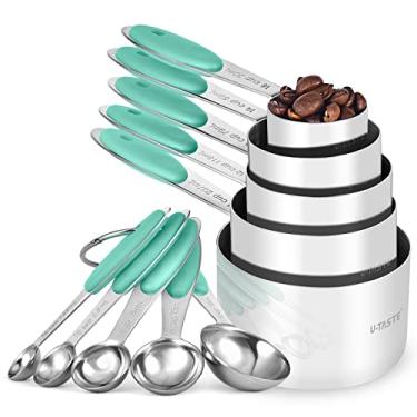 Imagem de Conjunto de copos e colheres medidoras: U-Taste 18/8 de aço inoxidável 10 peças de metal empilhamento cozinha cozimento alimentos conjunto de medidas 5 xícaras 5 colheres com juntas de solda reforçadas (Aqua Sky, versão atualizada)