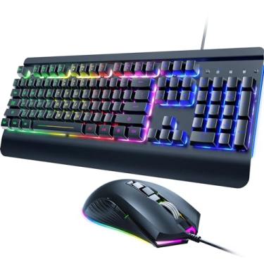 Imagem de Combo de teclado e mouse para jogos com fio, 104 teclas, painel de metal, arco-íris com teclas multimídia, descanso de pulso e mouse para jogos retroiluminado por LED 4200 DPI para jogadores de PC